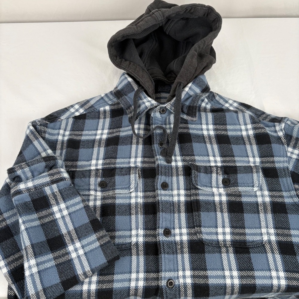 American Eagle Mens Flannel Shirt Jacket Blue‎ Black Plaid Hooded Size S